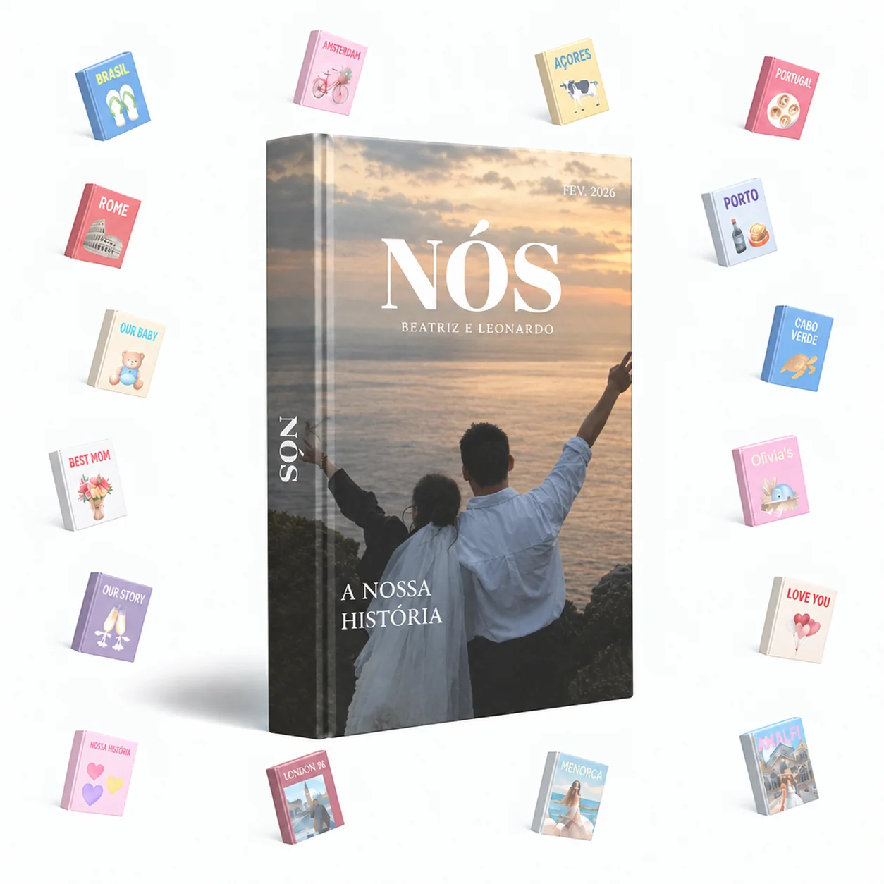 Álbum de casamento personalizado com a capa Nós, um casal ao pôr do sol, rodeado por capas de outros temas.