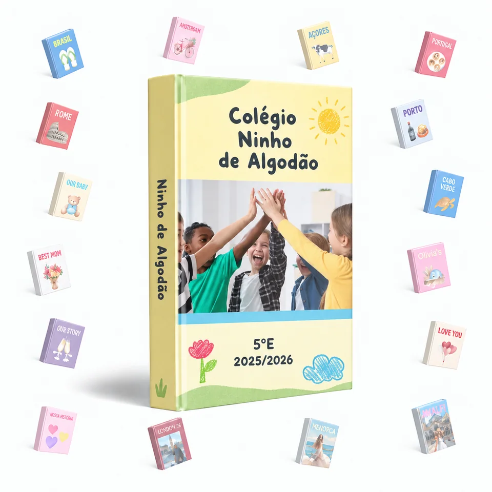 Álbum de turma personalizado com a capa Colégio Ninho de Algodão, crianças a dar as mãos, rodeado por capas de outros temas.
