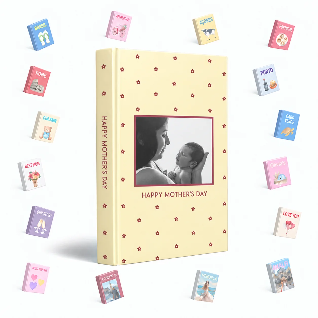 Álbum de família personalizado com a capa Happy Mother's Day, foto de mãe e bebé, rodeado por capas de outros temas.