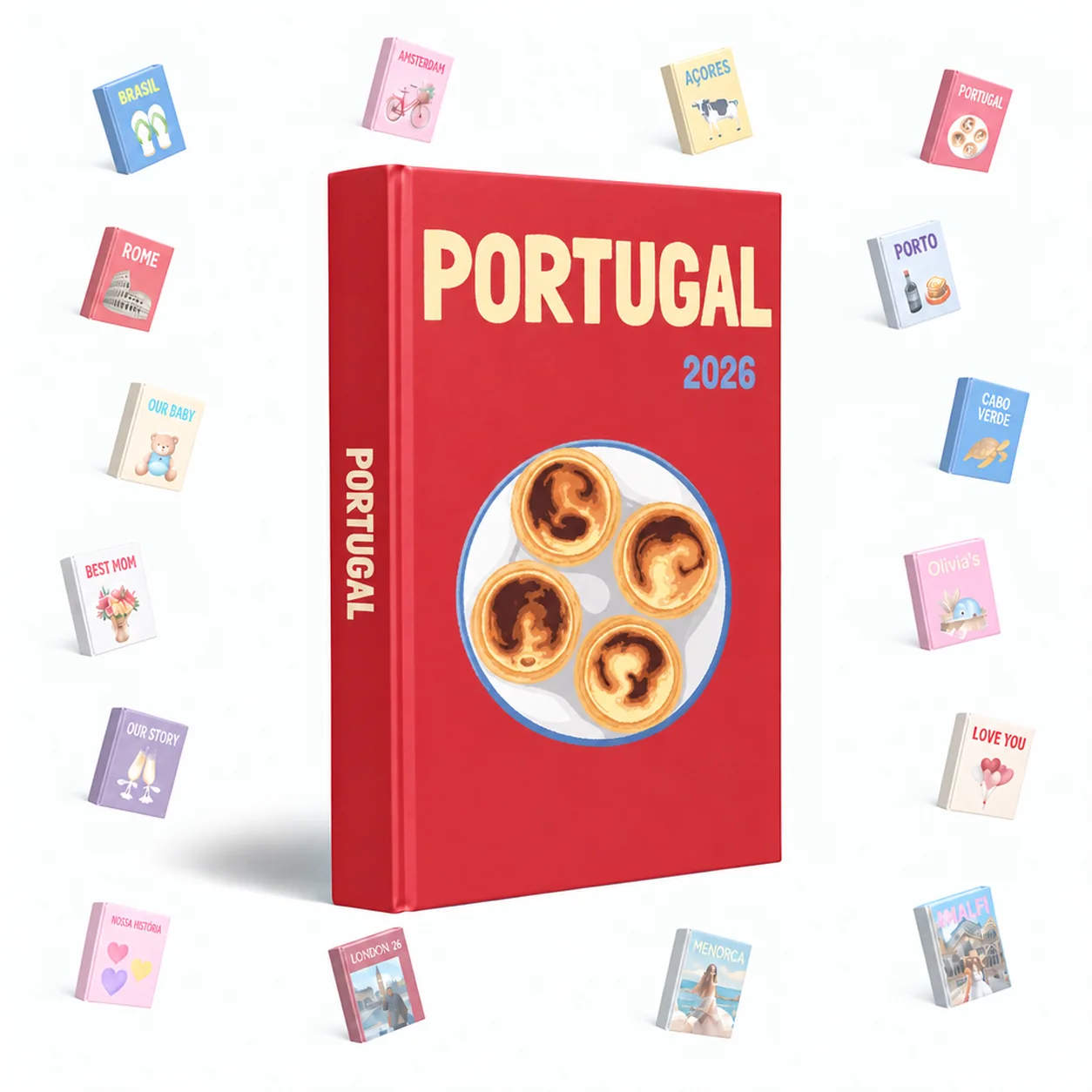 Álbum de viagens personalizado com a capa Portugal 2026 e pastéis de nata, rodeado por capas de outros temas.
