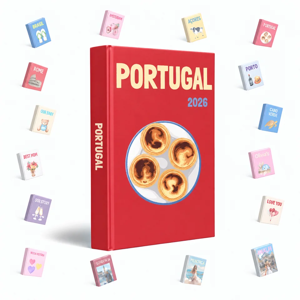 Álbum de viagens personalizado com a capa Portugal 2026 e pastéis de nata, rodeado por capas de outros temas.