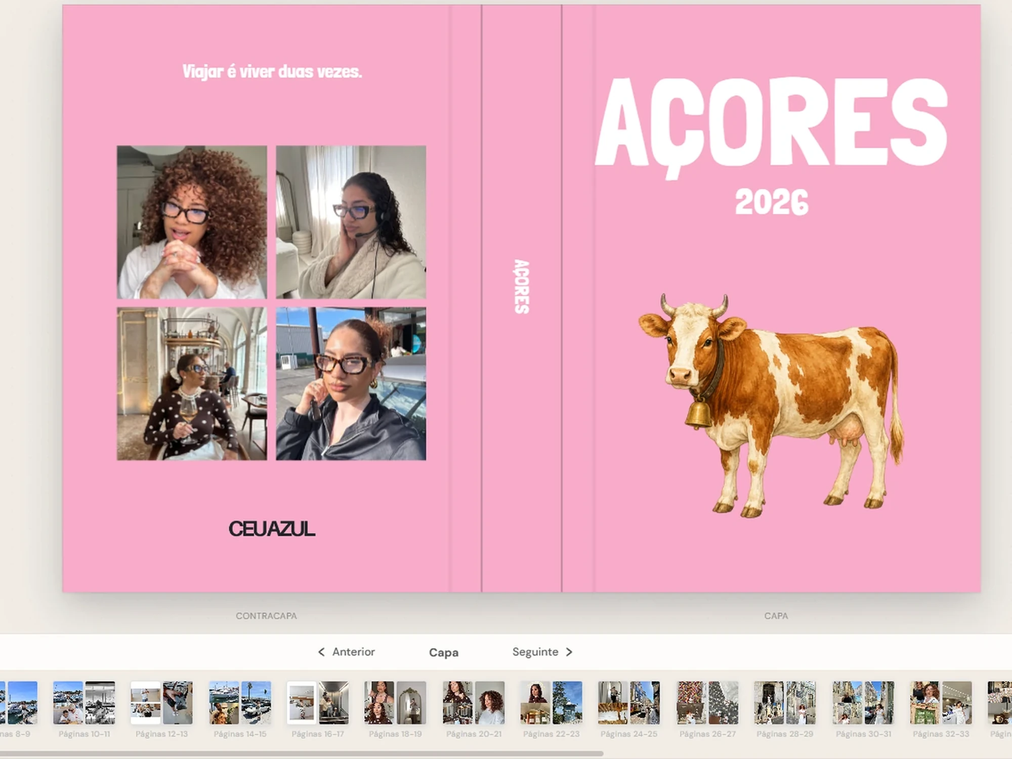 Editor Céu Azul a mostrar a capa de um álbum dos Açores e as páginas com fotografias já montadas.