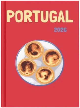 Capa de álbum de viagens Portugal 2026 com pastéis de nata.